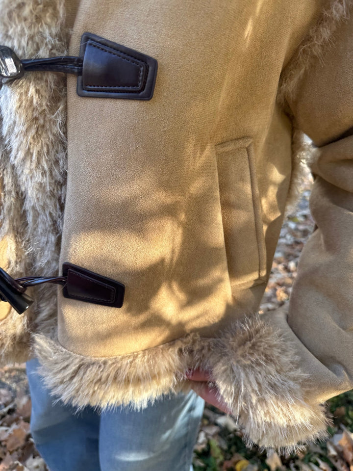 The Ginger: Tan Cropped Faux Suede Jacket with Faux Fur Trim - Timber &amp; Velvet Boutique