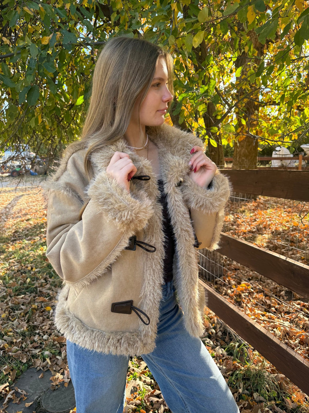 The Ginger: Tan Cropped Faux Suede Jacket with Faux Fur Trim - Timber &amp; Velvet Boutique