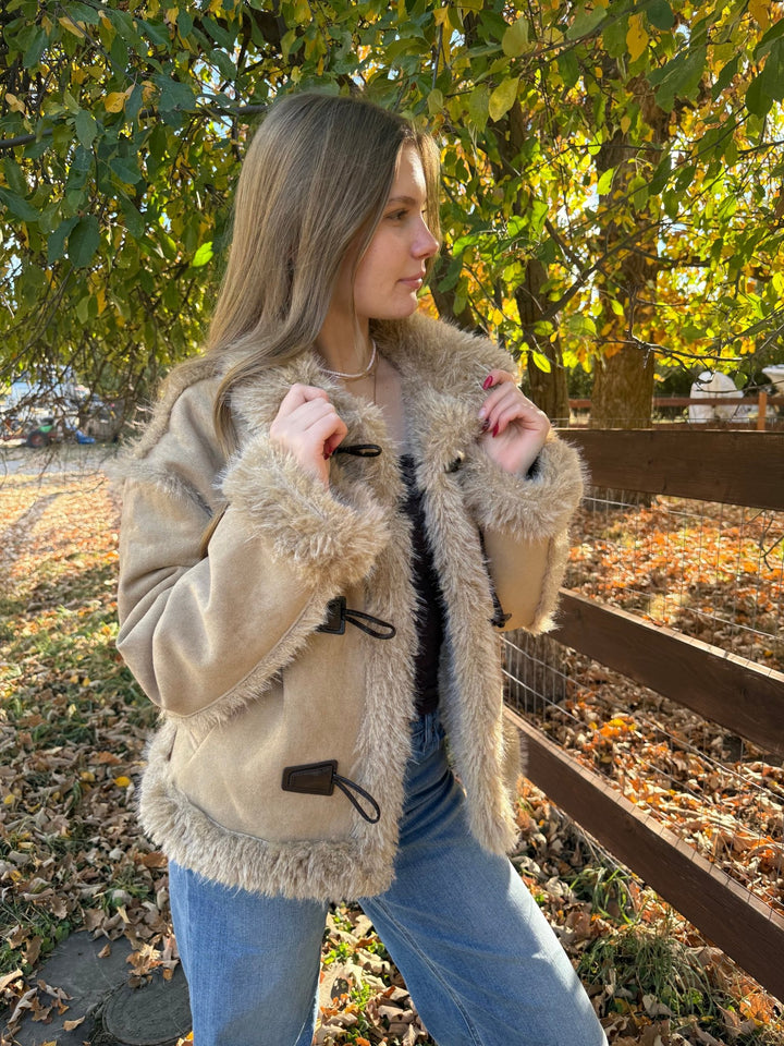 The Ginger: Tan Cropped Faux Suede Jacket with Faux Fur Trim - Timber &amp; Velvet Boutique