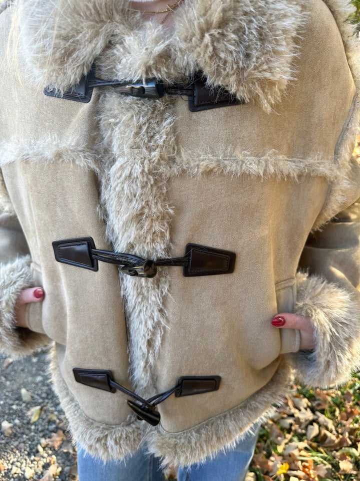The Ginger: Tan Cropped Faux Suede Jacket with Faux Fur Trim - Timber &amp; Velvet Boutique