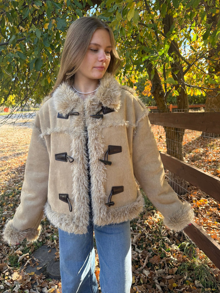 The Ginger: Tan Cropped Faux Suede Jacket with Faux Fur Trim - Timber &amp; Velvet Boutique