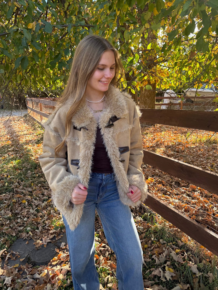The Ginger: Tan Cropped Faux Suede Jacket with Faux Fur Trim - Timber &amp; Velvet Boutique