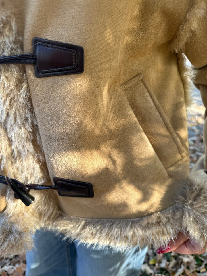 The Ginger: Tan Cropped Faux Suede Jacket with Faux Fur Trim - Timber &amp; Velvet Boutique