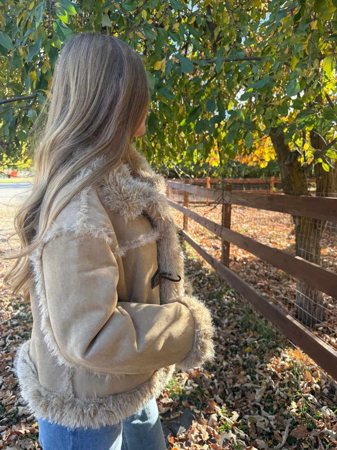 The Ginger: Tan Cropped Faux Suede Jacket with Faux Fur Trim - Timber &amp; Velvet Boutique