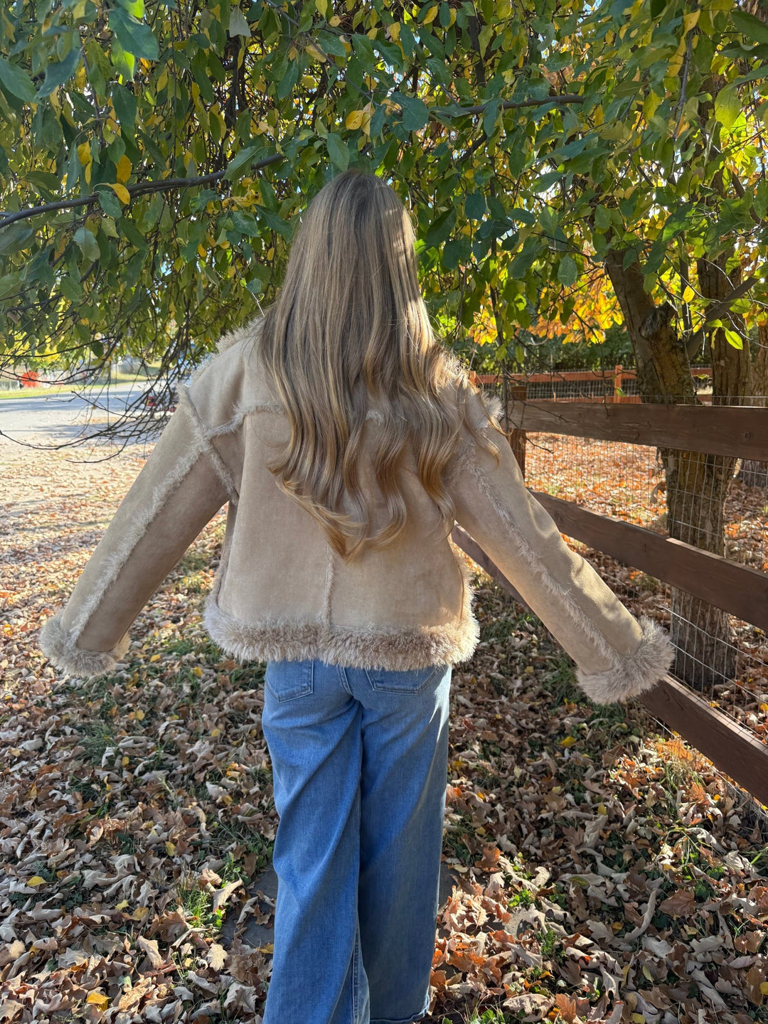The Ginger: Tan Cropped Faux Suede Jacket with Faux Fur Trim - Timber &amp; Velvet Boutique