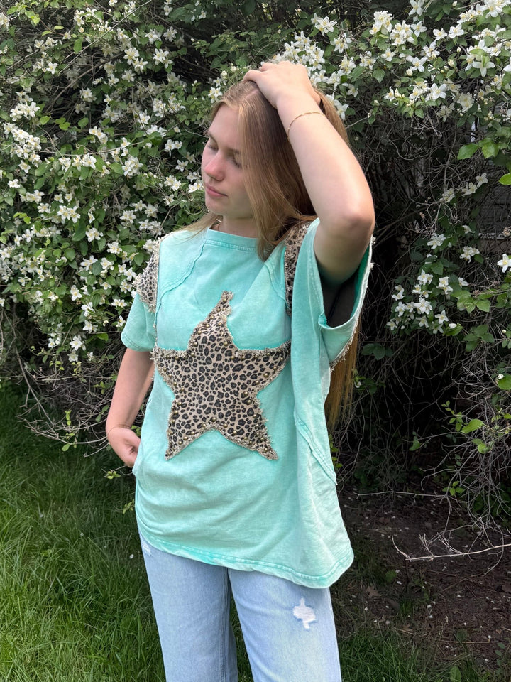 The Lucky Star | Leopard Print Studded Oversized Washed Cotton Tee - Timber &amp; Velvet Boutique