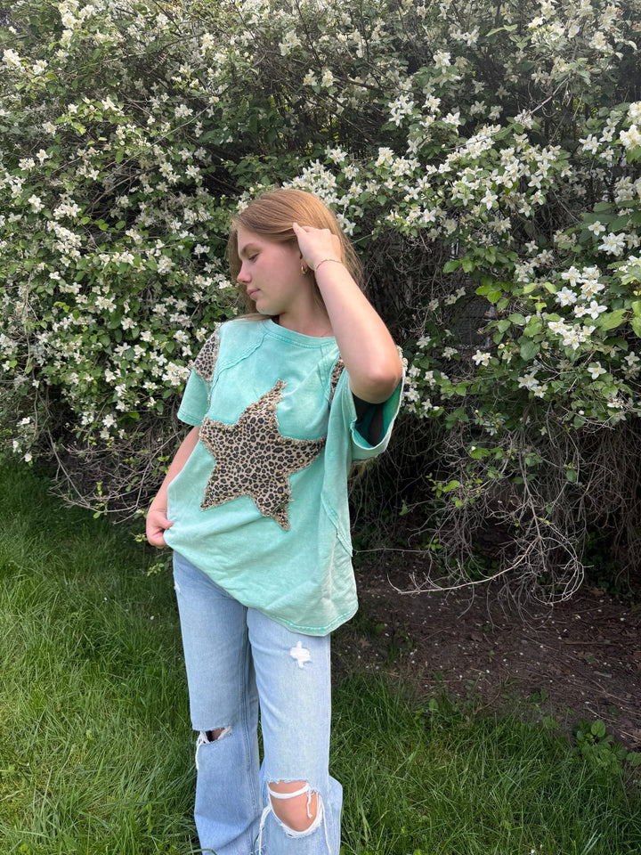 The Lucky Star | Leopard Print Studded Oversized Washed Cotton Tee - Timber &amp; Velvet Boutique