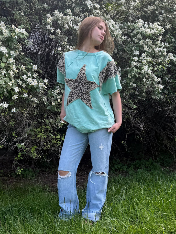 The Lucky Star | Leopard Print Studded Oversized Washed Cotton Tee - Timber &amp; Velvet Boutique