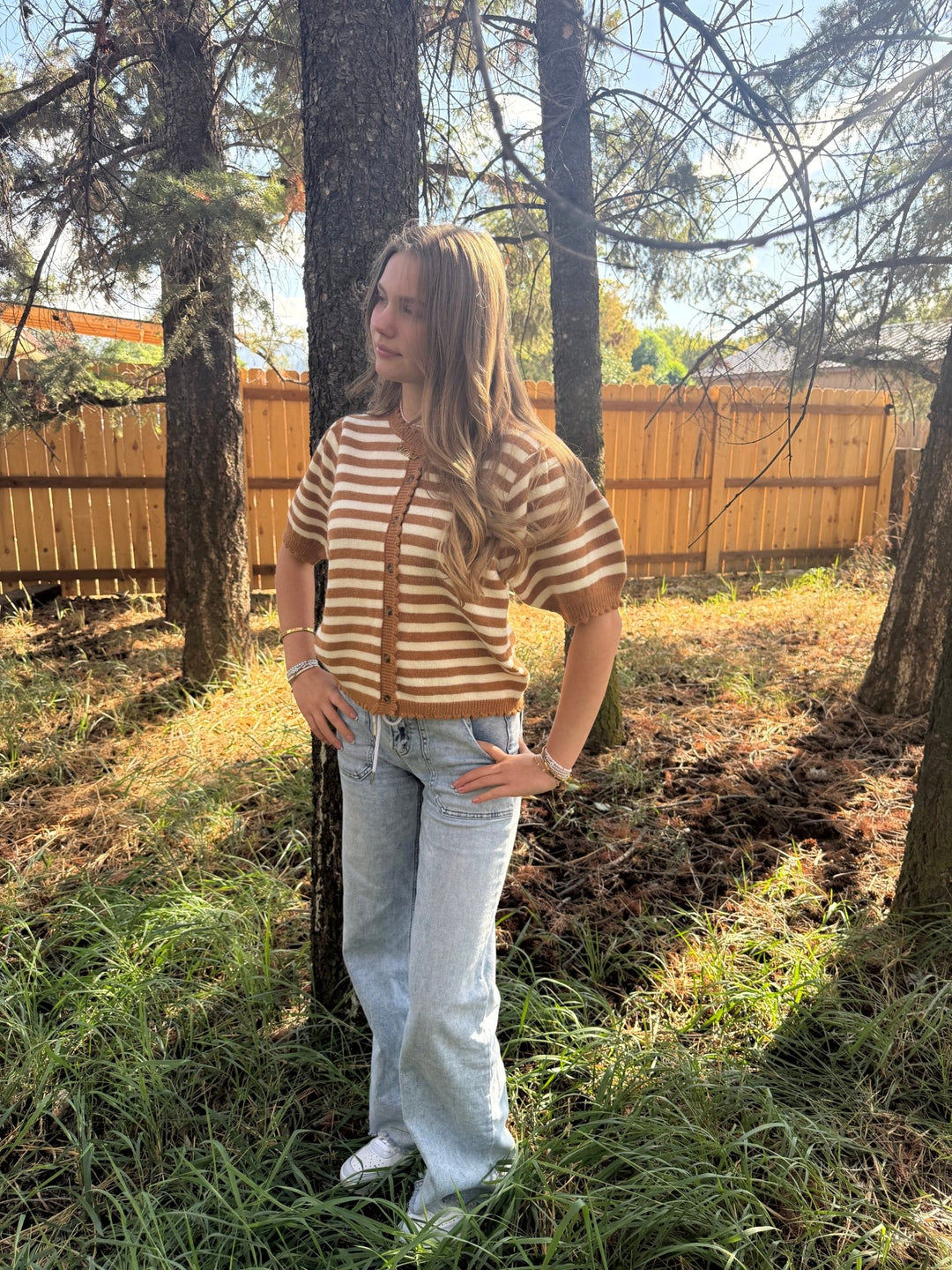 The Marigold Scalloped Striped Cardigan – Cream &amp; Caramel Knit - Timber &amp; Velvet Boutique