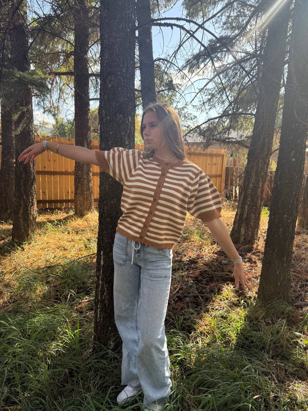 The Marigold Scalloped Striped Cardigan – Cream &amp; Caramel Knit - Timber &amp; Velvet Boutique