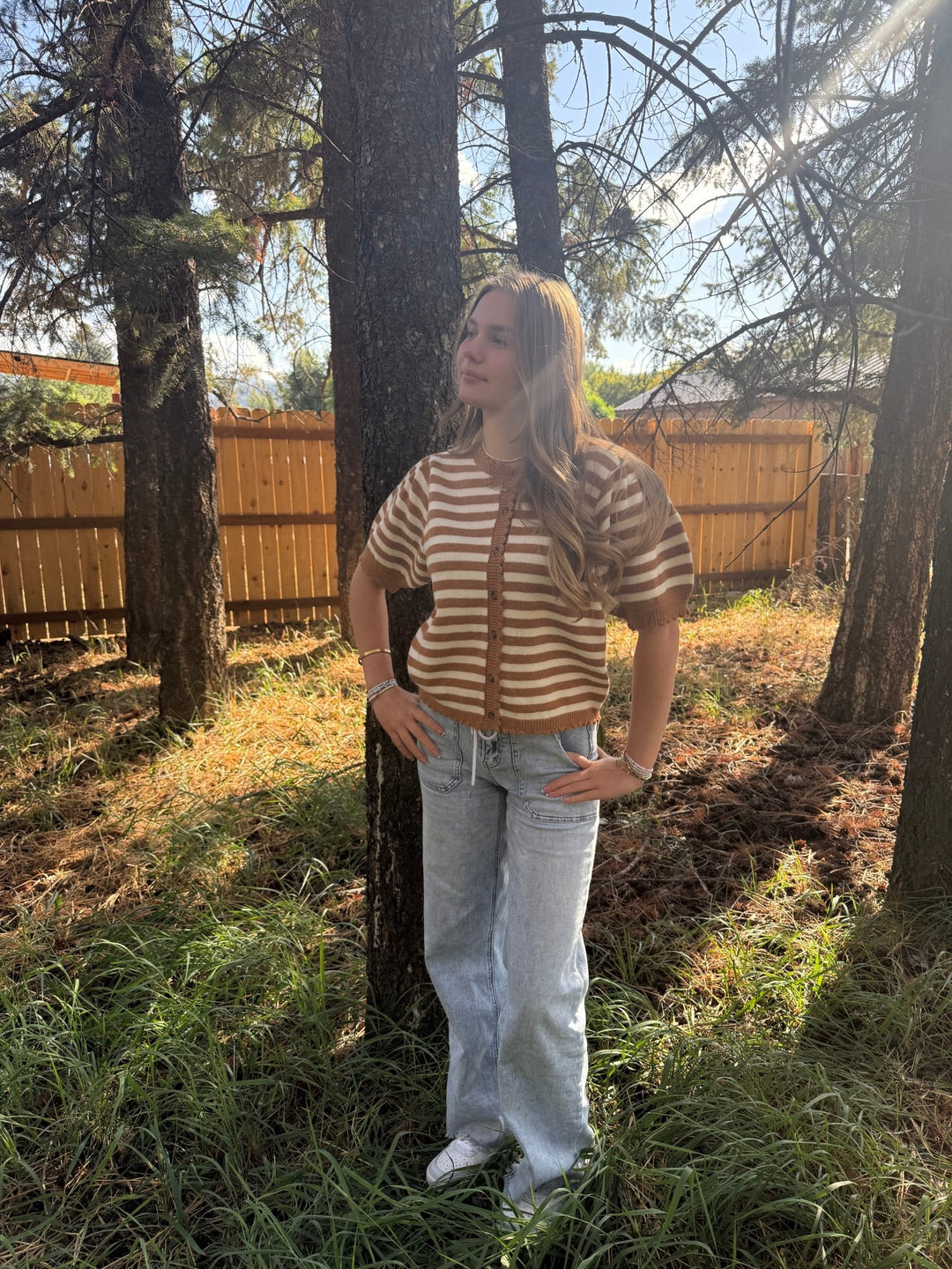 The Marigold Scalloped Striped Cardigan – Cream &amp; Caramel Knit - Timber &amp; Velvet Boutique