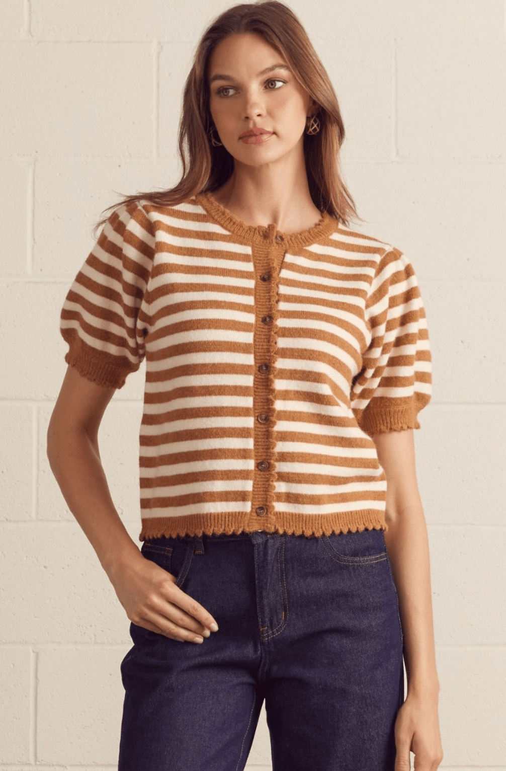 The Marigold Scalloped Striped Cardigan – Cream & Caramel Knit - Timber & Velvet Boutique