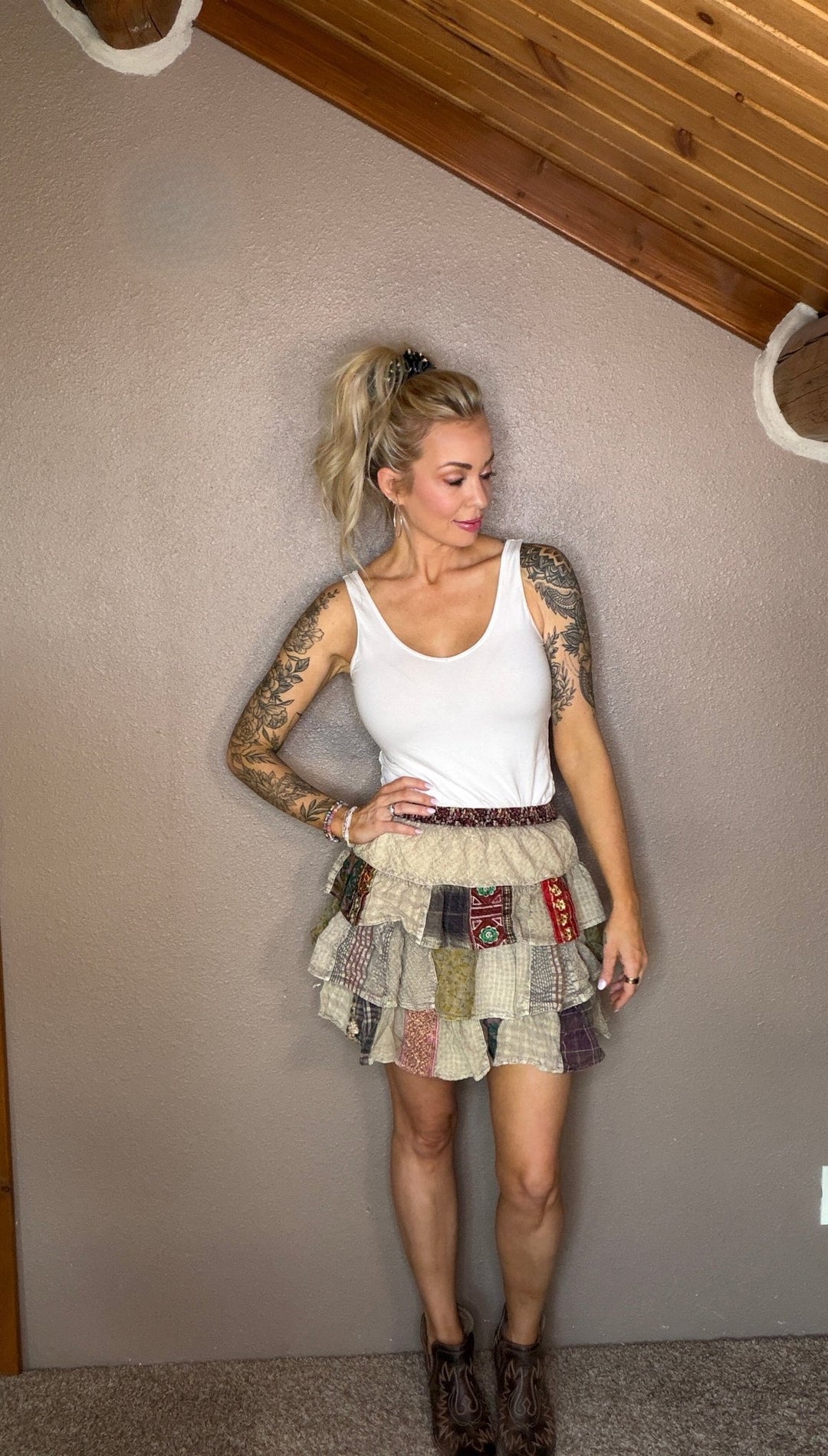 The Rachel Boho Patchwork Tiered Ruffle Mini Skirt - Timber & Velvet Boutique