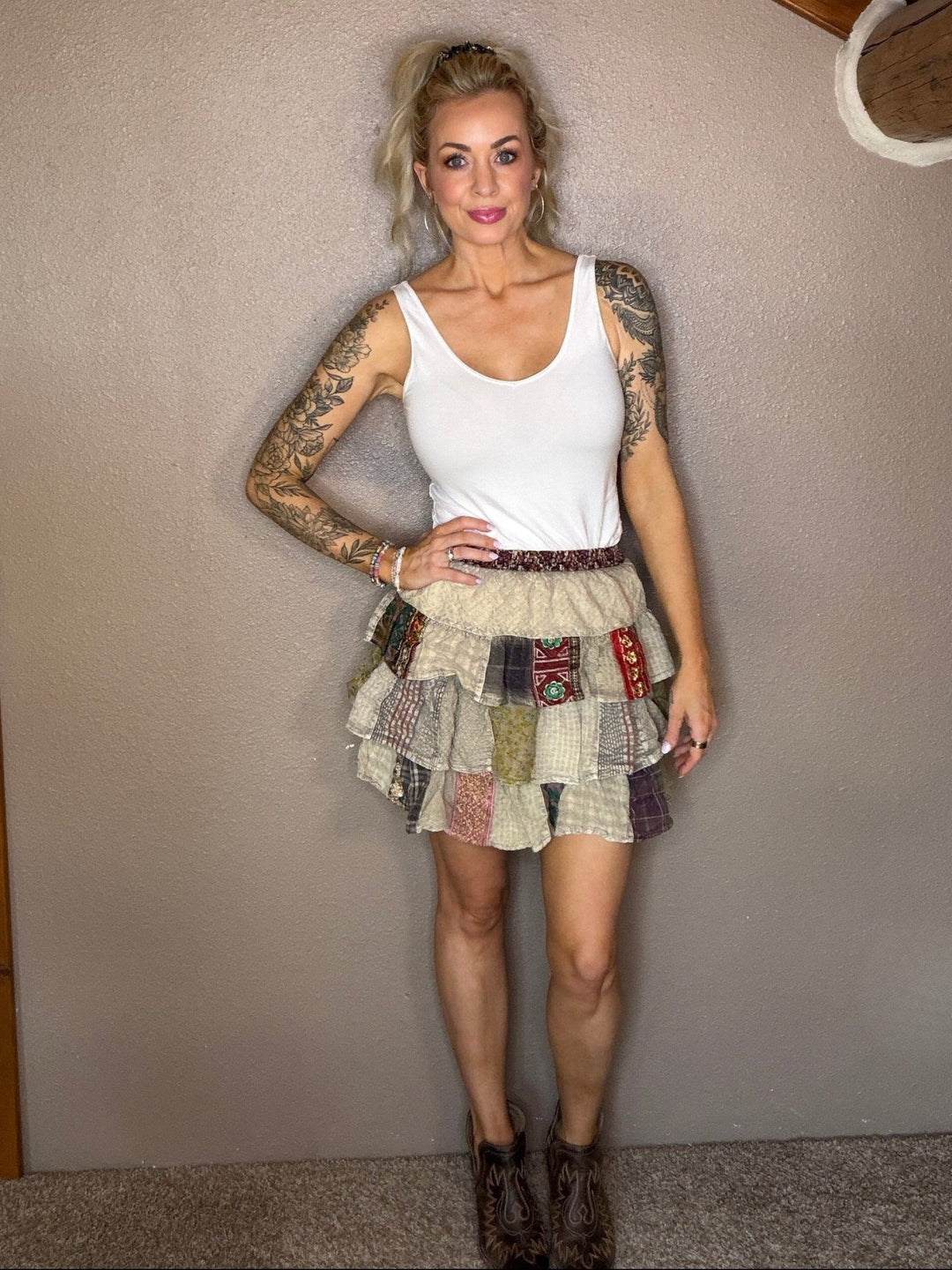 The Rachel Boho Patchwork Tiered Ruffle Mini Skirt - Timber &amp; Velvet Boutique