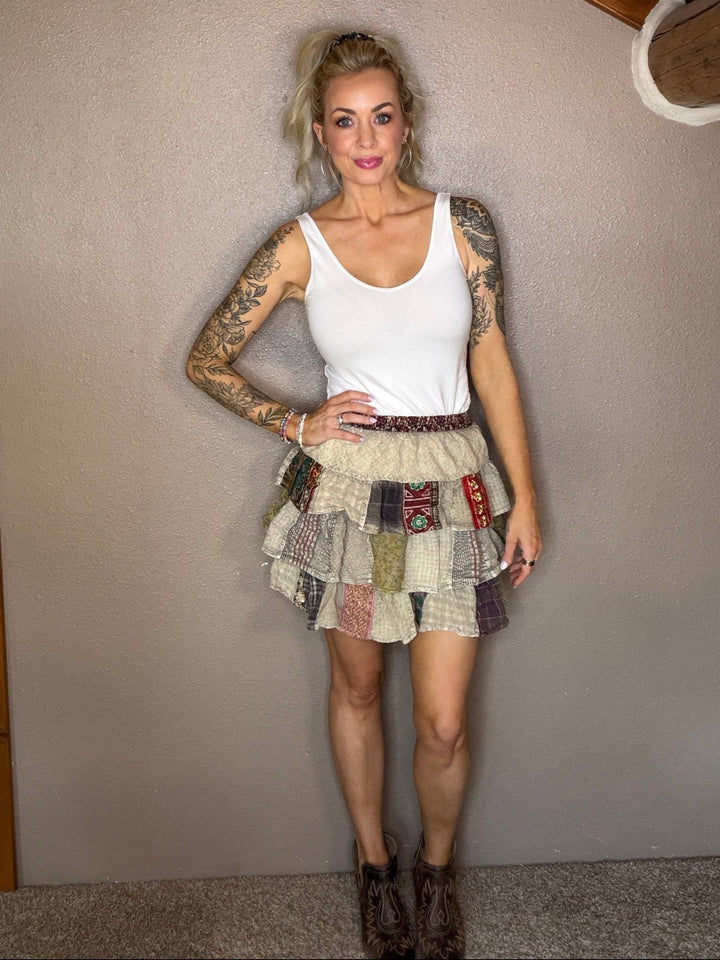 The Rachel Boho Patchwork Tiered Ruffle Mini Skirt - Timber &amp; Velvet Boutique