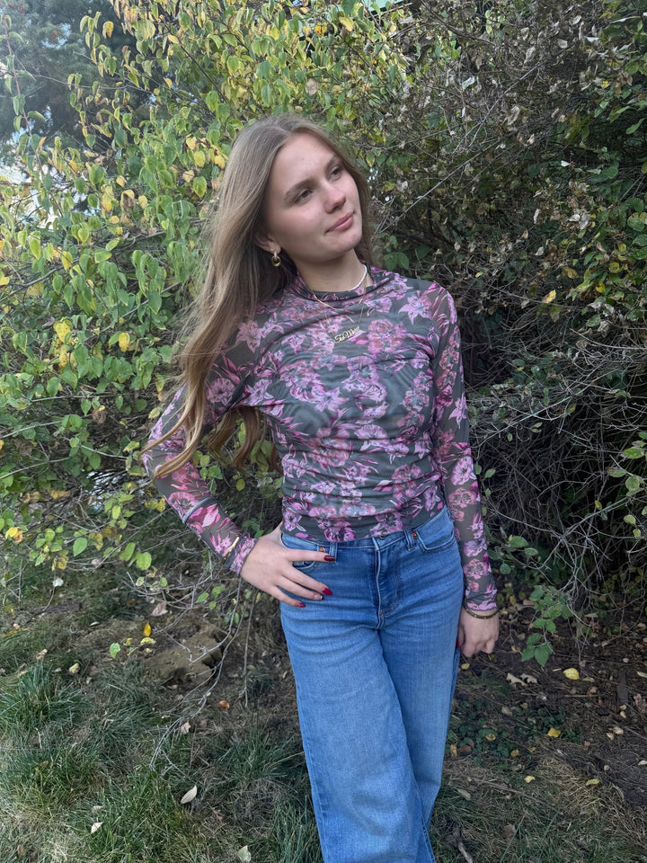 The Rue High-Neck Floral Mesh Top – Olive &amp; Pink - Timber &amp; Velvet Boutique