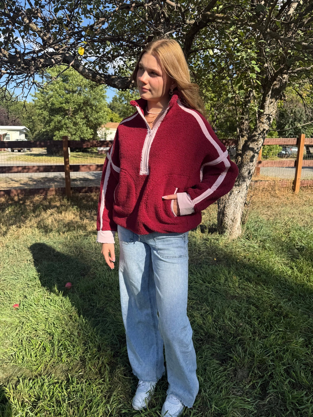 The Sabrina Half-Zip Sherpa Jacket – Adjustable Waist Fleece Pullover - Timber &amp; Velvet Boutique