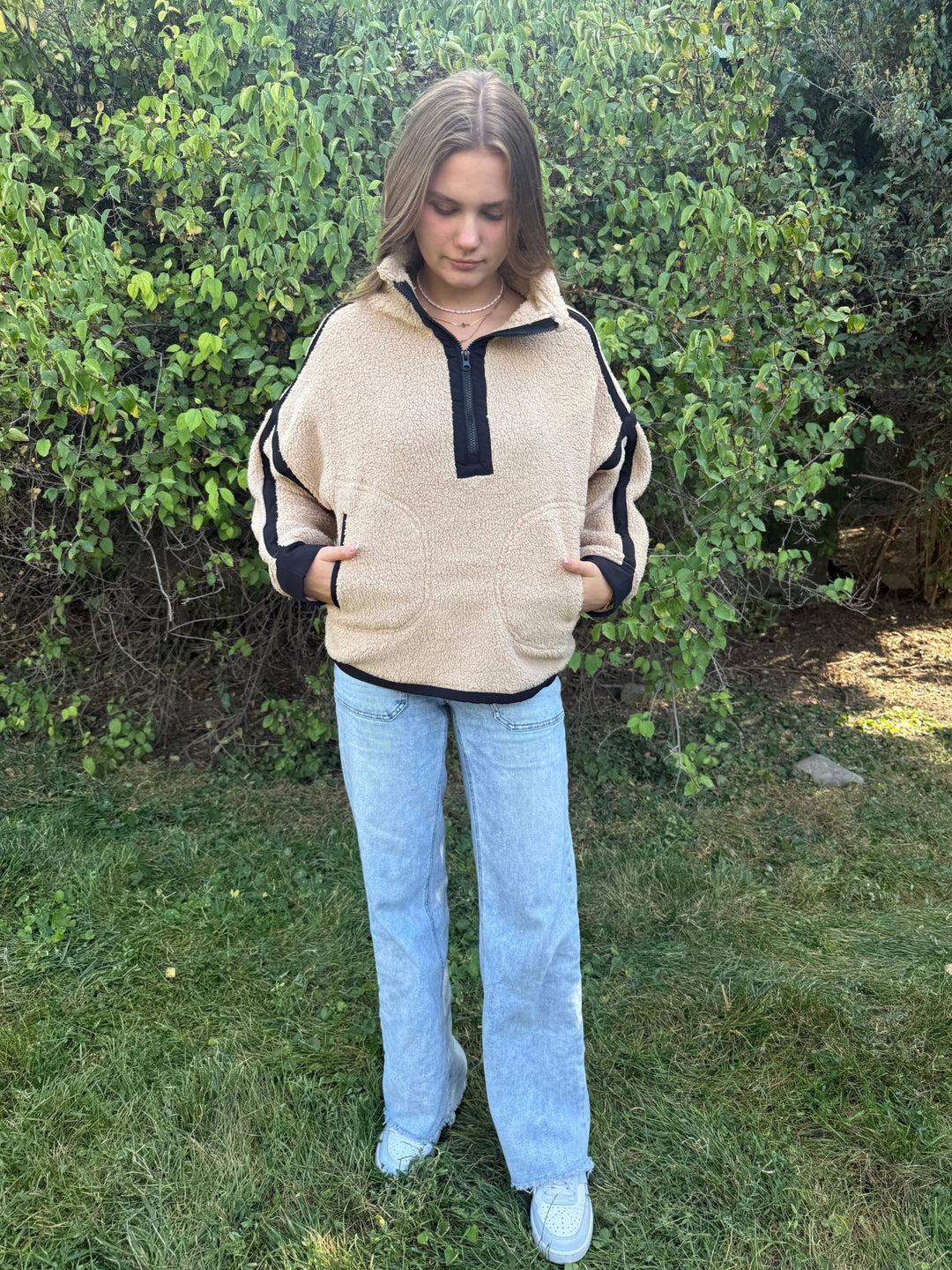 The Sabrina Half-Zip Sherpa Jacket – Adjustable Waist Fleece Pullover - Timber &amp; Velvet Boutique