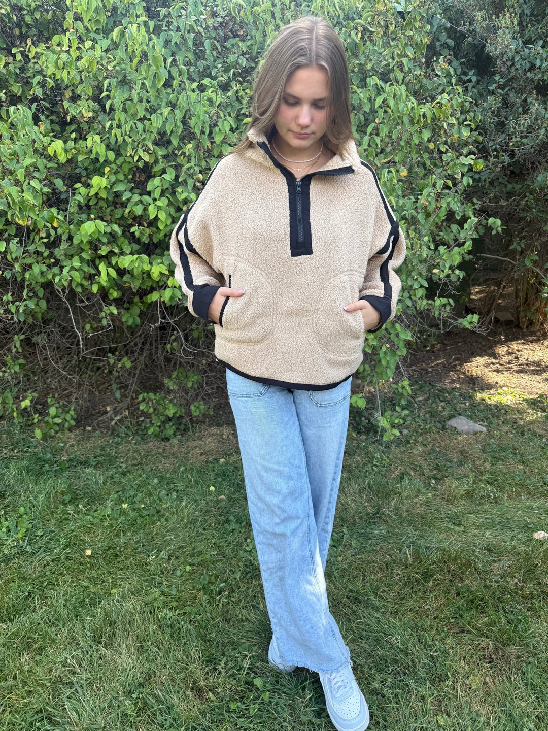 The Sabrina Half-Zip Sherpa Jacket – Adjustable Waist Fleece Pullover - Timber &amp; Velvet Boutique
