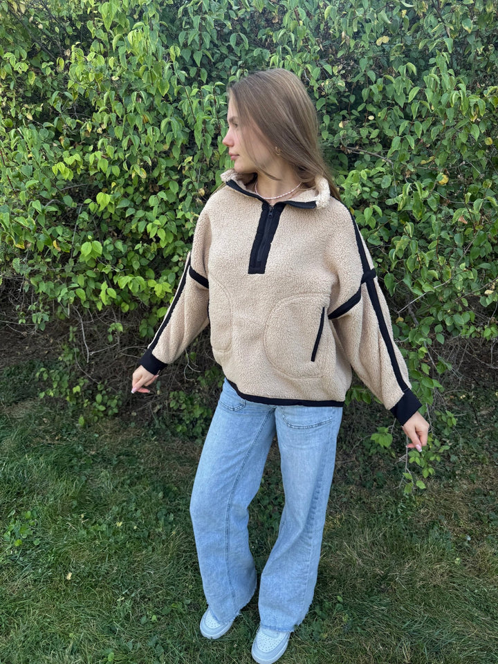 The Sabrina Half-Zip Sherpa Jacket – Adjustable Waist Fleece Pullover - Timber &amp; Velvet Boutique
