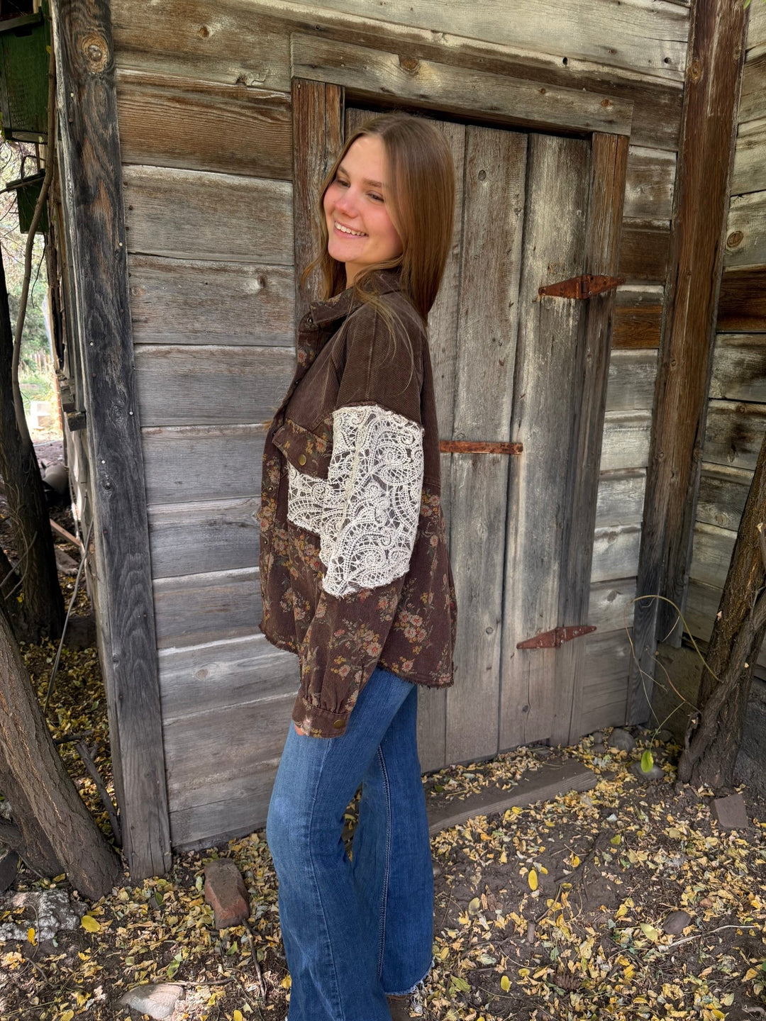 The Selene Vintage Floral Corduroy &amp; Lace Shacket Coat - Timber &amp; Velvet Boutique