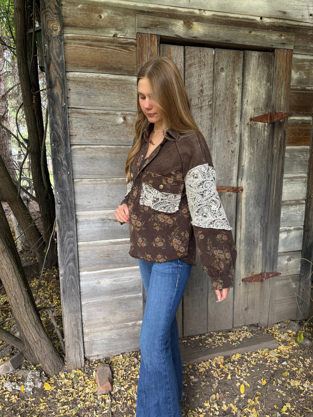 The Selene Vintage Floral Corduroy &amp; Lace Shacket Coat - Timber &amp; Velvet Boutique