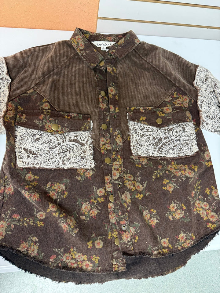The Selene Vintage Floral Corduroy &amp; Lace Shacket Coat - Timber &amp; Velvet Boutique
