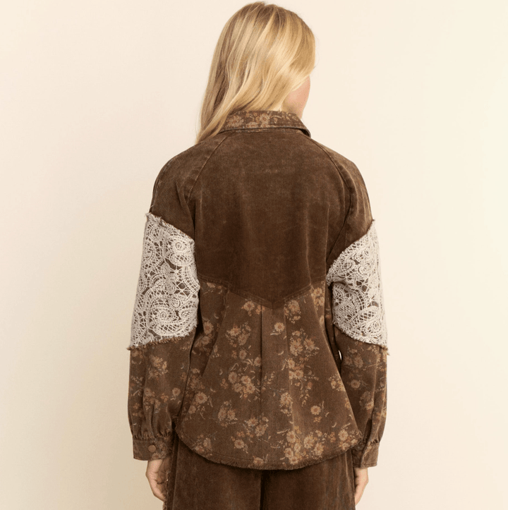 The Selene Vintage Floral Corduroy &amp; Lace Shacket Coat - Timber &amp; Velvet Boutique