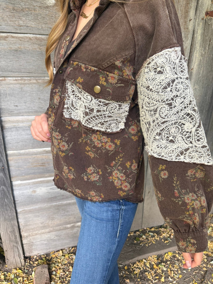 The Selene Vintage Floral Corduroy &amp; Lace Shacket Coat - Timber &amp; Velvet Boutique