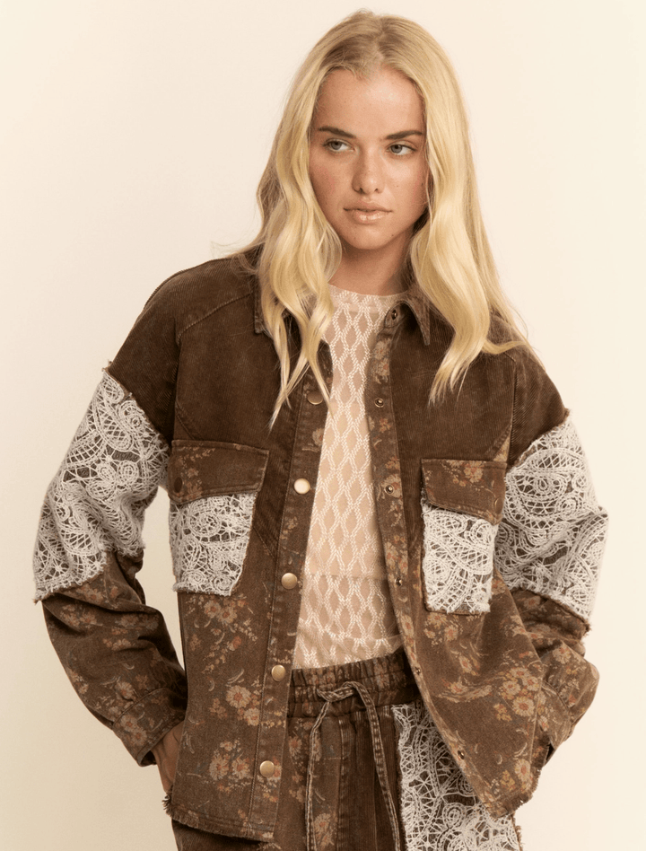 The Selene Vintage Floral Corduroy &amp; Lace Shacket Coat - Timber &amp; Velvet Boutique