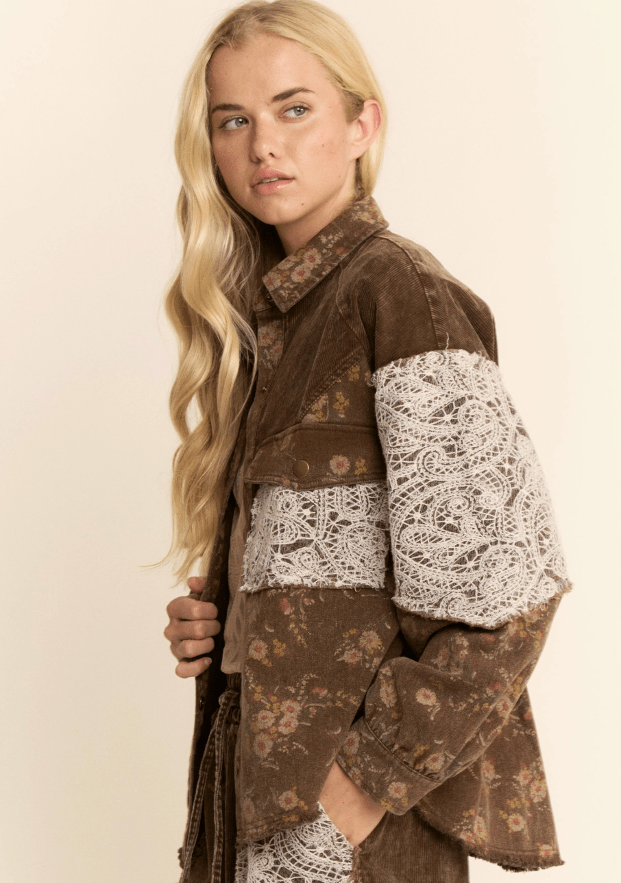 The Selene Vintage Floral Corduroy &amp; Lace Shacket Coat - Timber &amp; Velvet Boutique