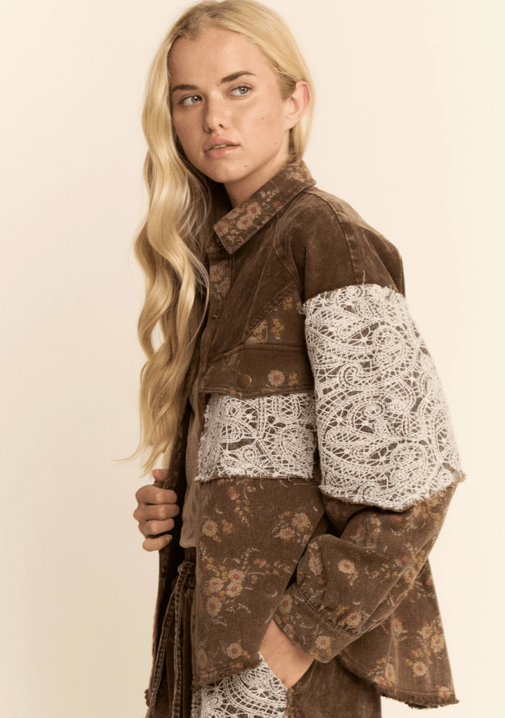 The Selene Vintage Floral Corduroy &amp; Lace Shacket Coat - Timber &amp; Velvet Boutique