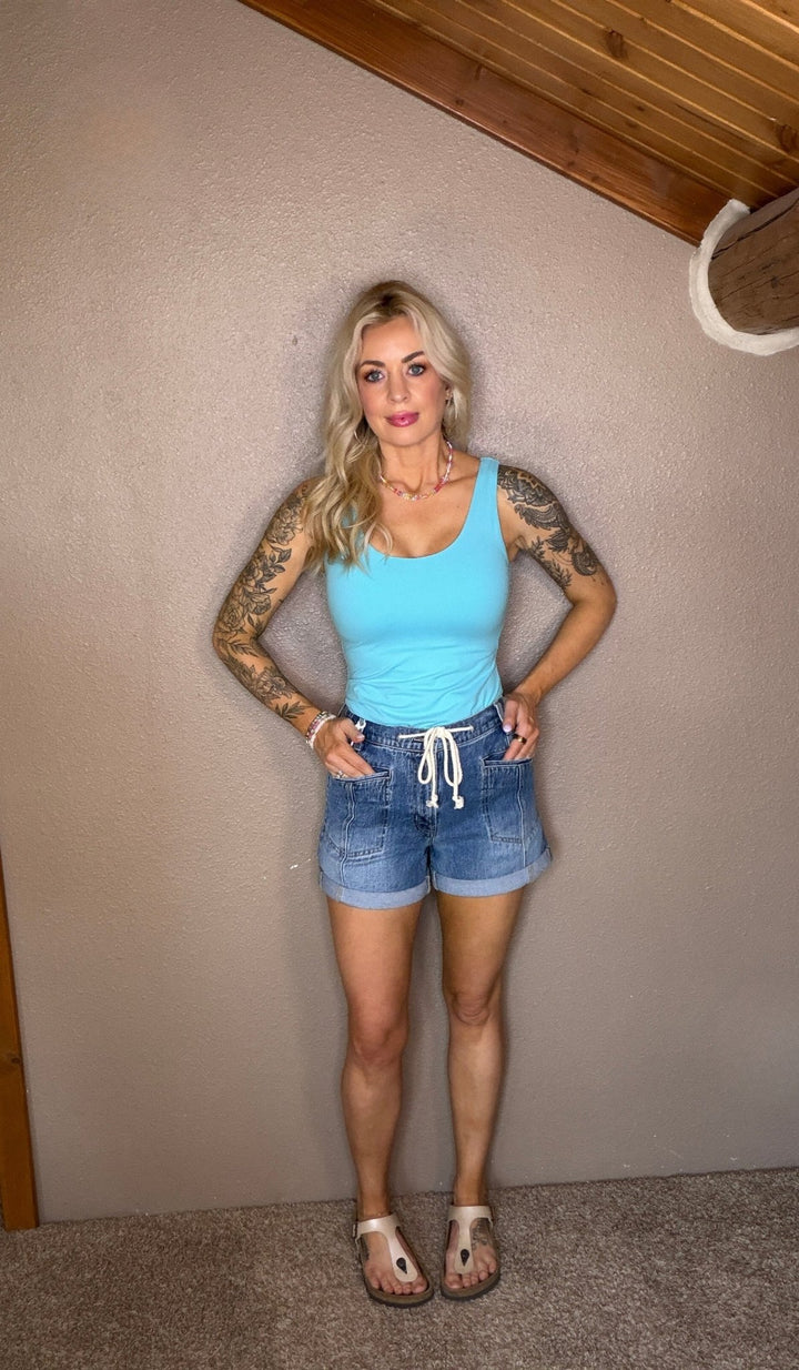 The Sienna Super High Rise Drawstring Denim Shorts - Timber &amp; Velvet Boutique