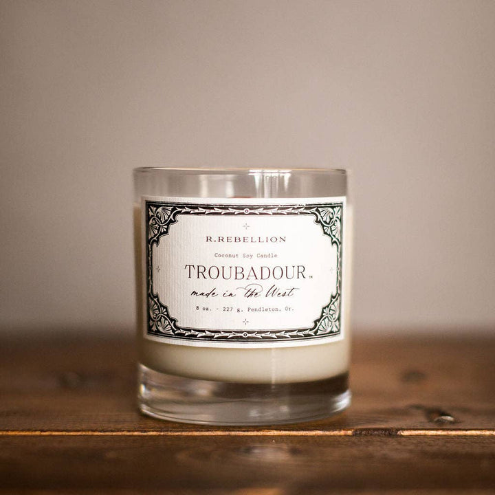 Troubadour Wood Wick Candle | Smoked Tobacco &amp; Plum Brandy (8 oz) - Timber &amp; Velvet Boutique