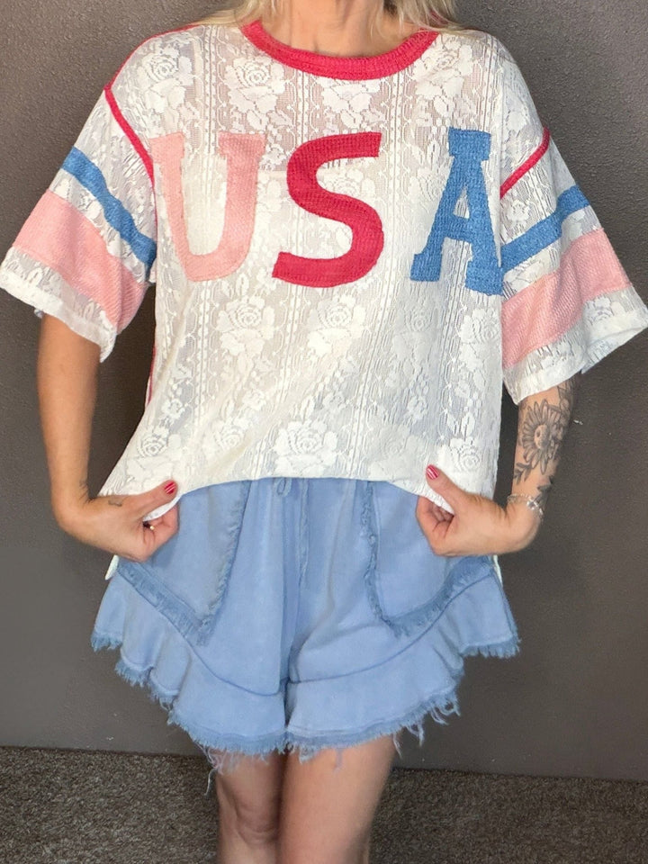 USA Patchwork Floral Lace Top &amp; Inner Tank Set - Timber &amp; Velvet Boutique