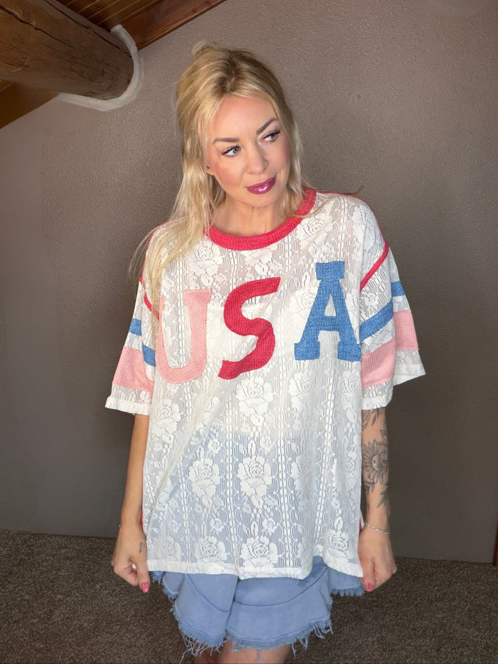 USA Patchwork Floral Lace Top &amp; Inner Tank Set - Timber &amp; Velvet Boutique