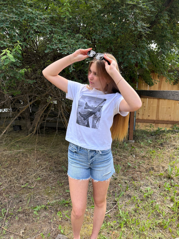Western Road Trip Graphic Tee: White Cowboy Boots Design - Timber &amp; Velvet Boutique