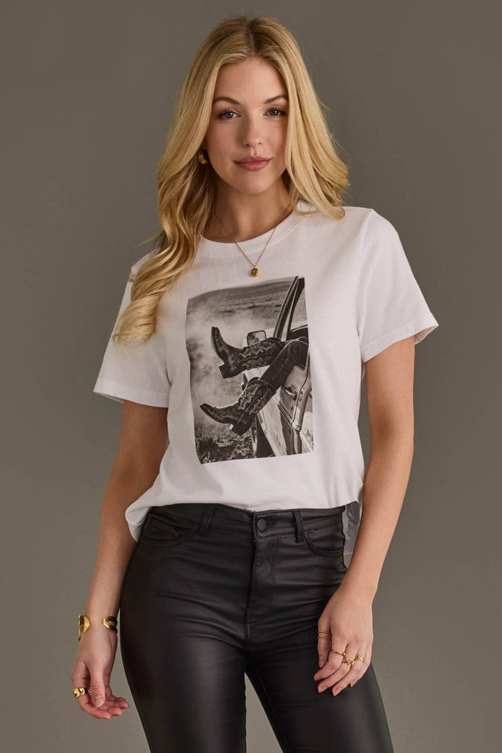 Western Road Trip Graphic Tee: White Cowboy Boots Design - Timber &amp; Velvet Boutique