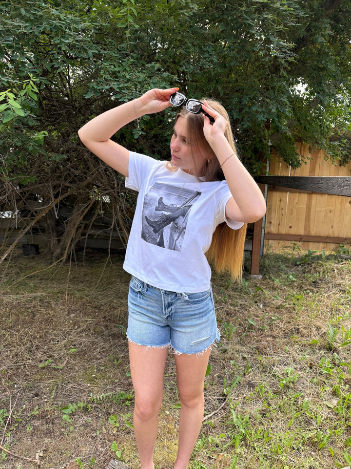 Western Road Trip Graphic Tee: White Cowboy Boots Design - Timber &amp; Velvet Boutique