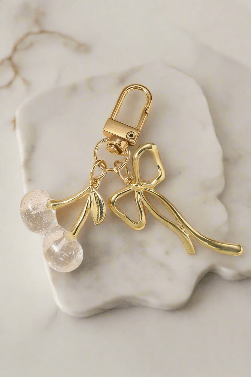 White Cherry & Gold Bow Purse Charm - Timber & Velvet Boutique