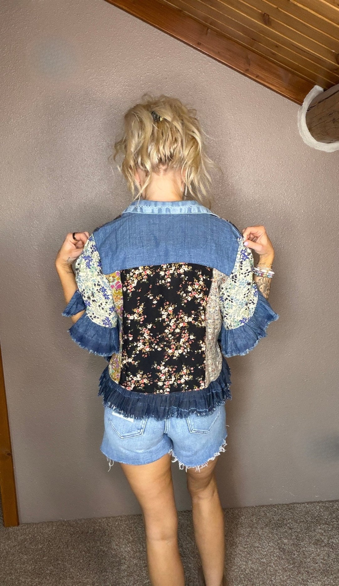 Willow Floral Patchwork Ruffle Denim Jacket - Timber &amp; Velvet Boutique