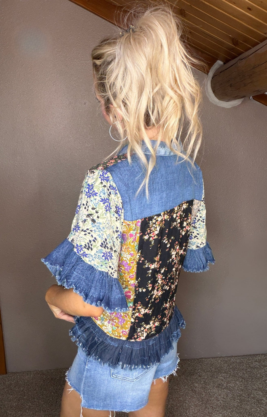 Willow Floral Patchwork Ruffle Denim Jacket - Timber &amp; Velvet Boutique