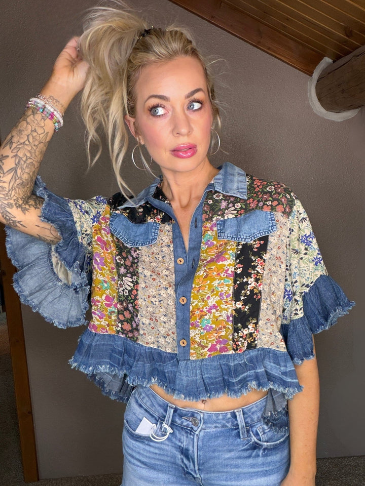 Willow Floral Patchwork Ruffle Denim Jacket - Timber &amp; Velvet Boutique