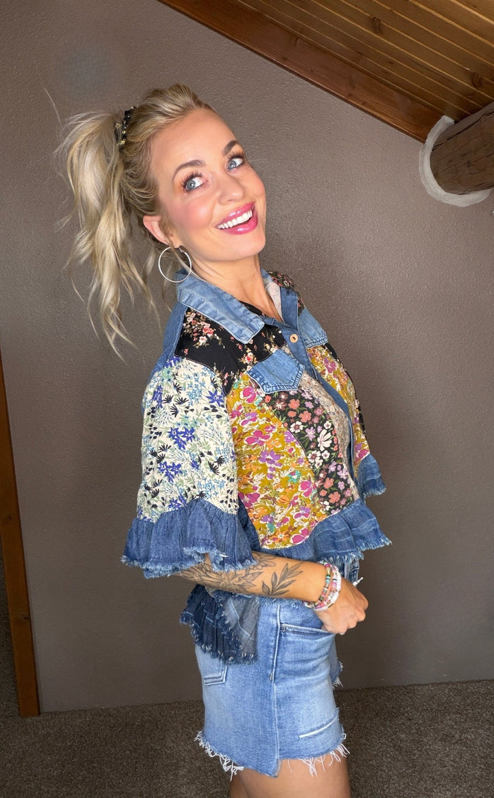 Willow Floral Patchwork Ruffle Denim Jacket - Timber &amp; Velvet Boutique