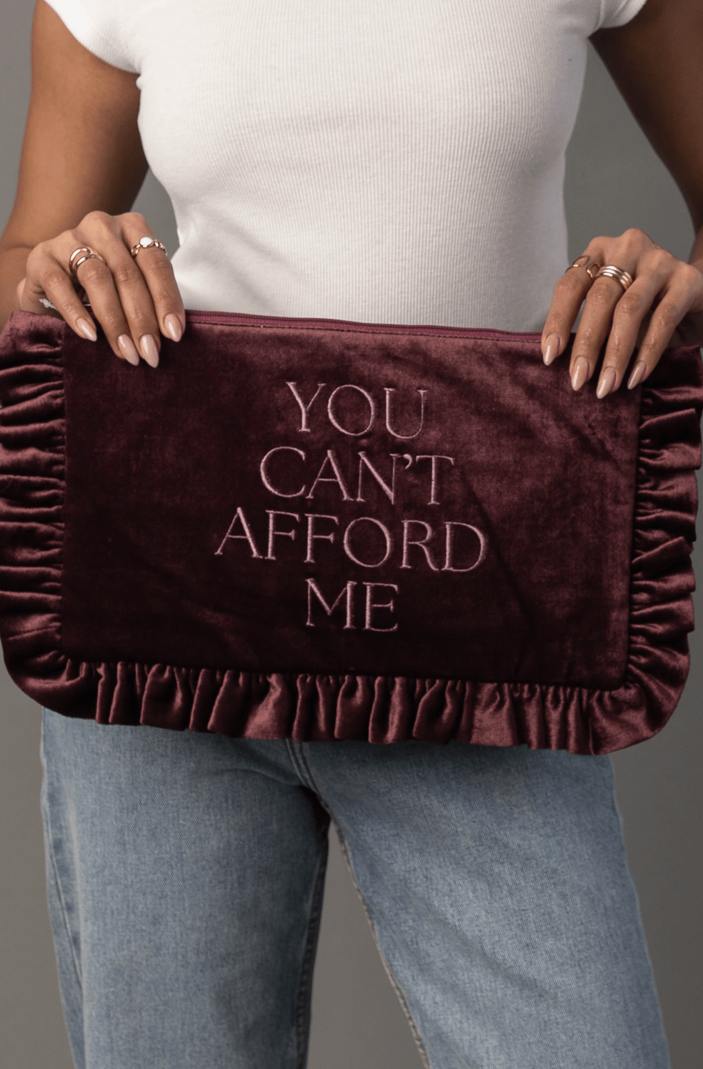 "You Can’t Afford Me" Mauve Velvet Ruffle Travel Pouch - Timber &amp; Velvet Boutique
